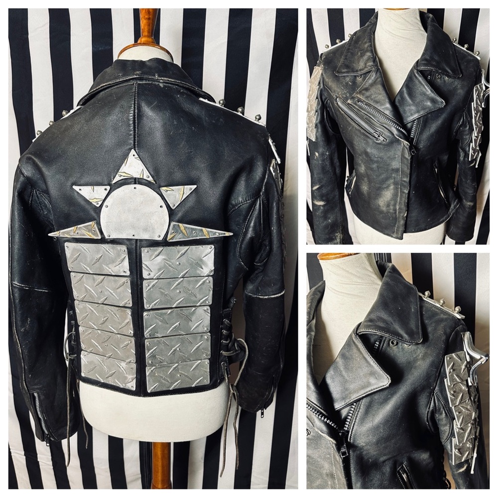 Vintage Custom Made Punk Heavy Metal Diamond Steel Plate Studded Leather Jacket